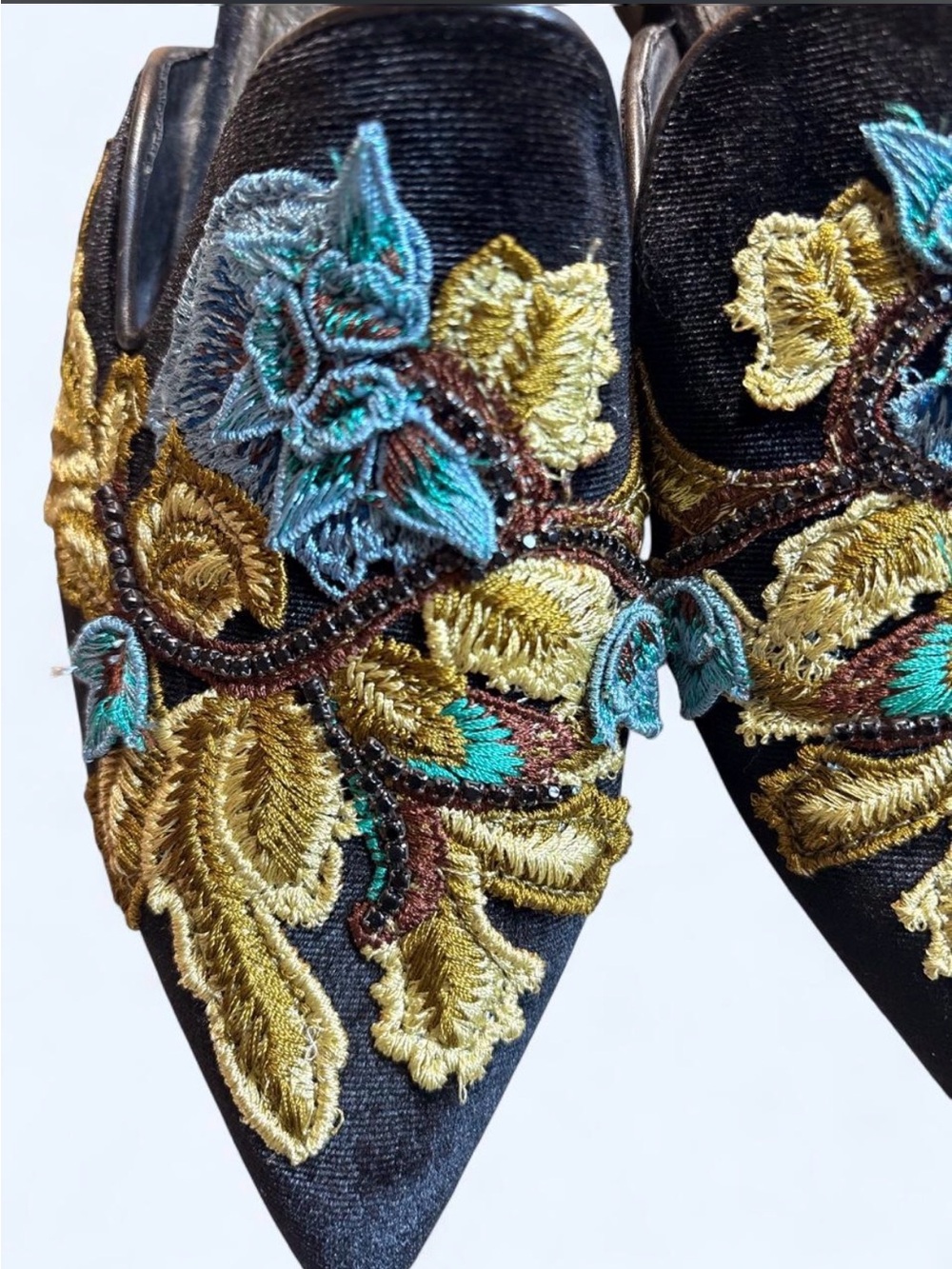 Jeffrey Campbell Black Velvet Pointed Mules with Gold & Teal Floral Embroidery - Picture 3 of 5